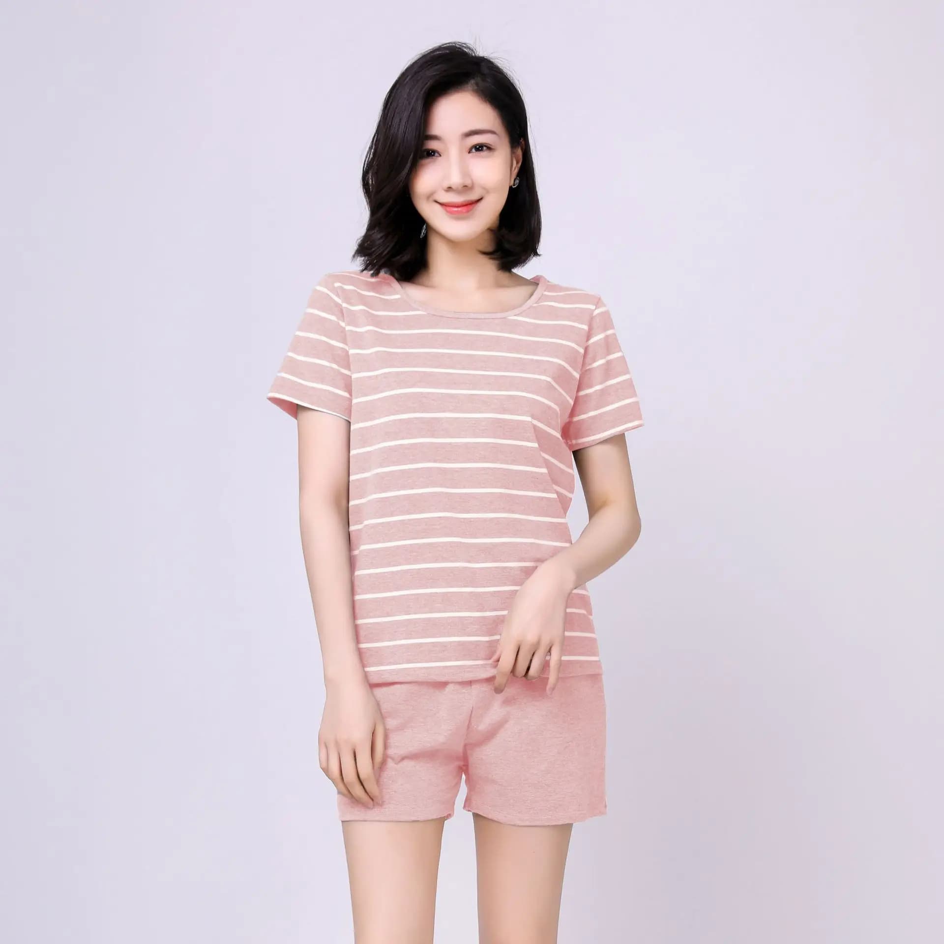 Pyjama d'été court en coton pour femmes, manches courtes, ensembles de pyjama pour dames, short rose