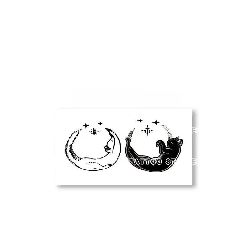 Tatouage temporaire chat noir et blanc lune pour femme homme, autocollant d'art pour le bras, couple