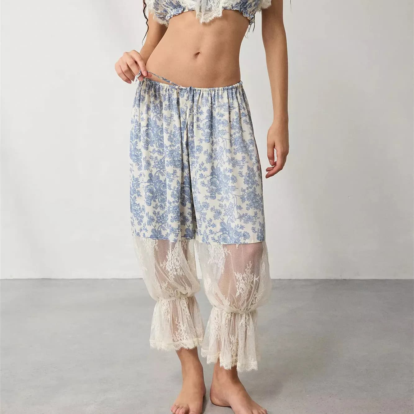 Pantalon Long bouffant pour femmes, garniture en dentelle, Capri Lounge Pjs, jupon Y2K, bas de pyjam