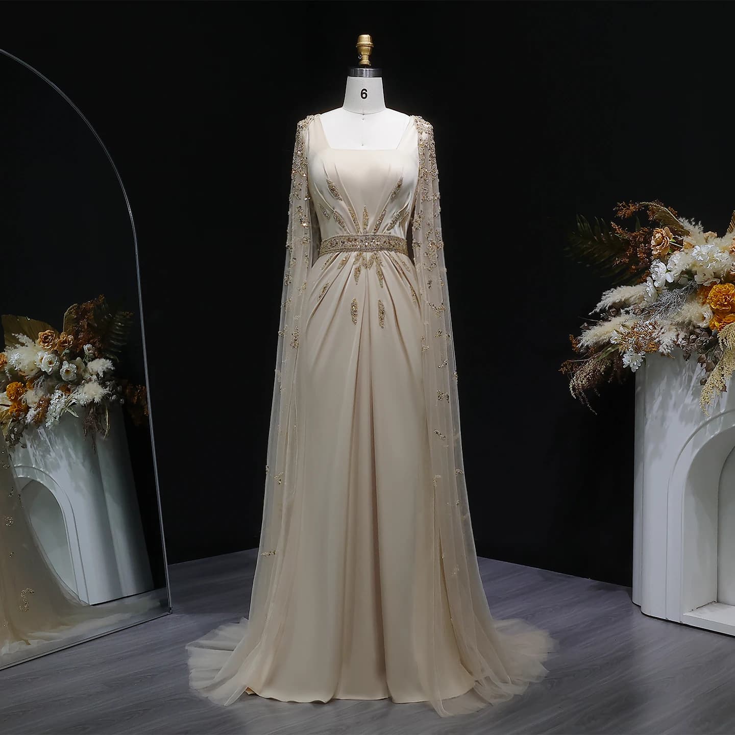 Robe de soirée sirène Sharon Said avec cape, col carré perlé de luxe, robes de soirée formelles pour