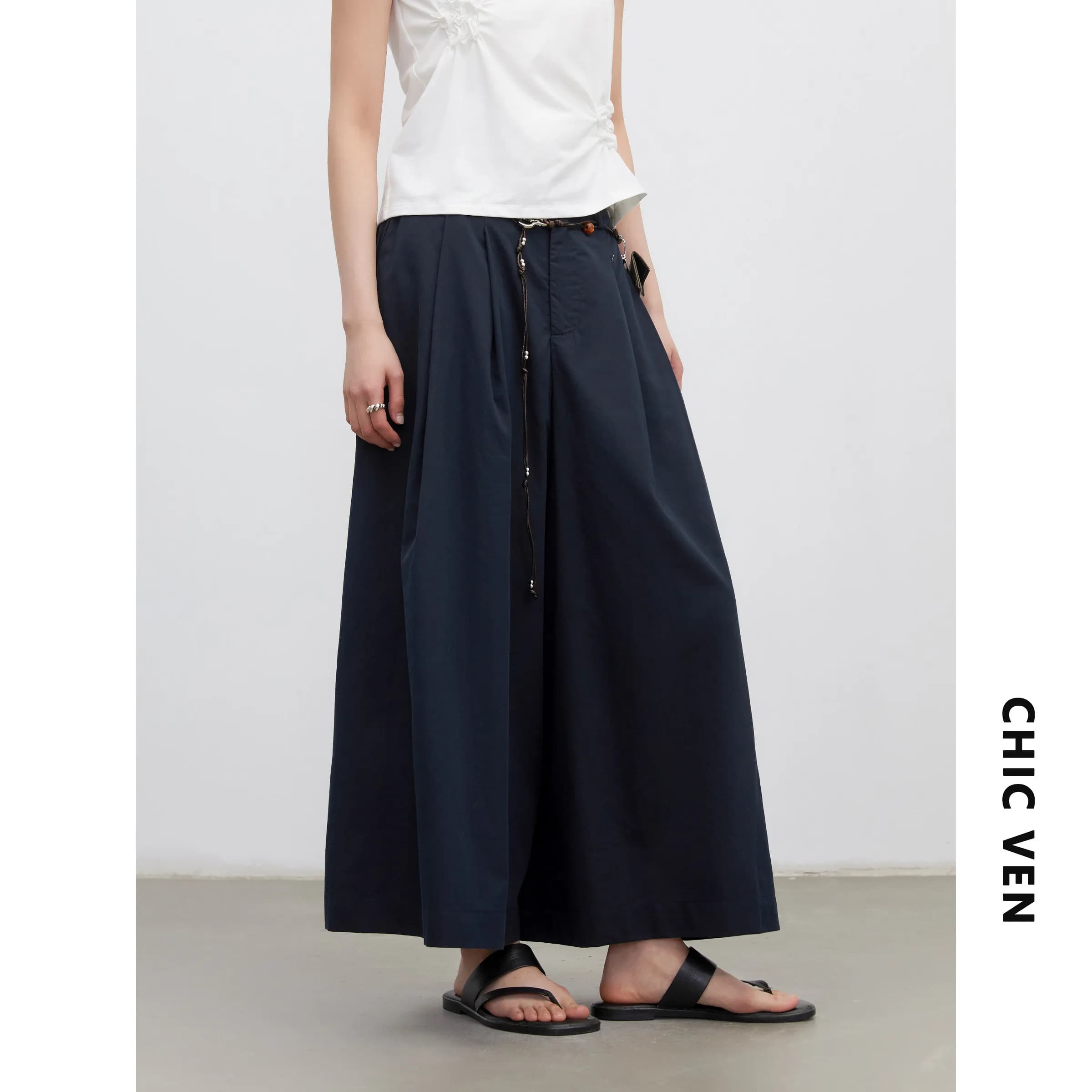 CHIC VEN Mode Femme Culottes Unies Nouveauté Décontractées Taille Haute Plissées Jupes-Shorts Amples
