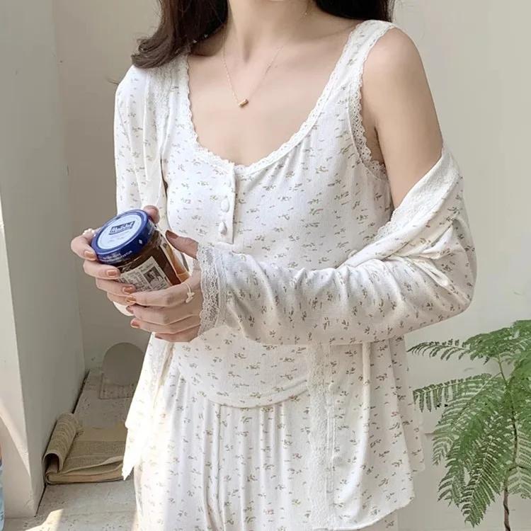 Ensemble pyjama trois pièces pour femmes, dentelle florale, Cardigan doux, Camisole, vêtements de ma
