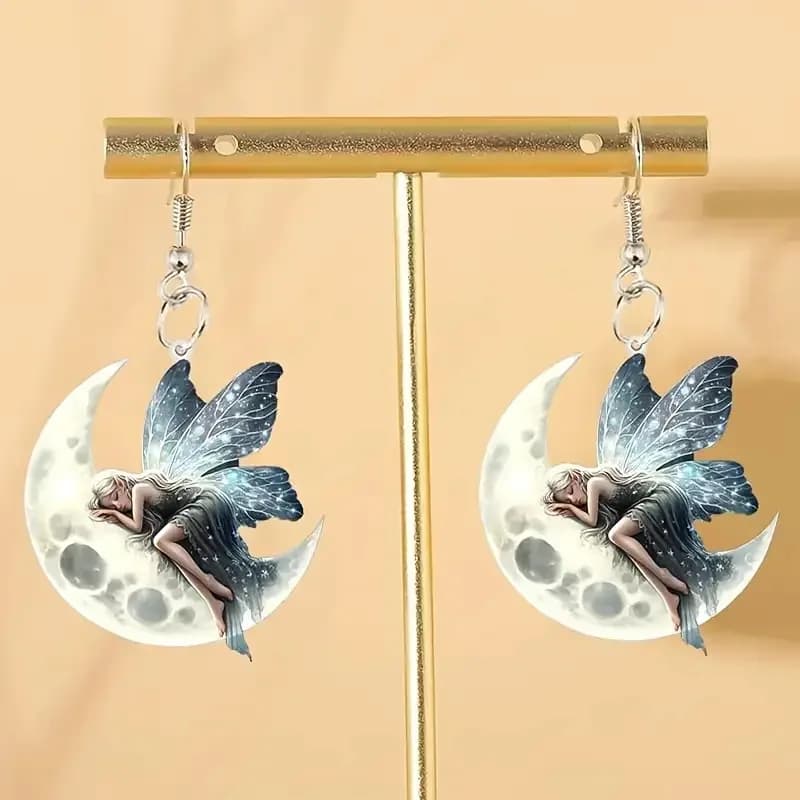 Boucles d'oreilles plates en acrylique 2D, elfe endormi sur la lune, rétro romantique pour fille, ac