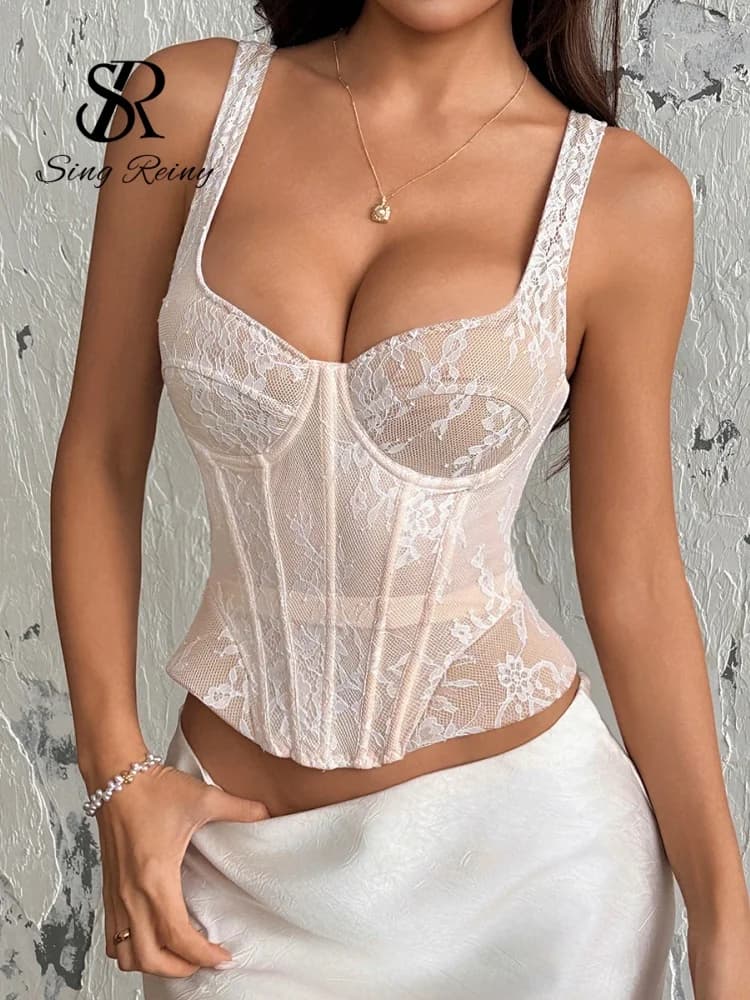 SINGREINY INS Hot Girl Top Corset en Dentelle pour Femme, Mini Camisole Sans Manches à Bretelles, Do