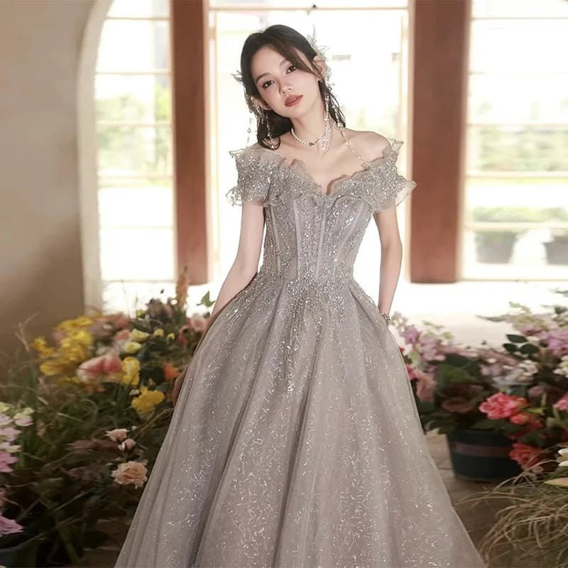Robe de soirée longue grise élégante, robe d'anniversaire, douce mémoire, robes de retour pour femme