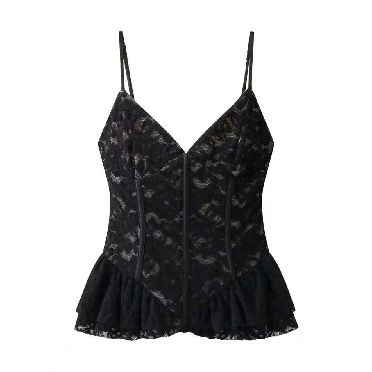 CharmChant hauts pour femme dentelle noire à volants Sexy coupe ajustée Corset recadrée Y2k Harajuku