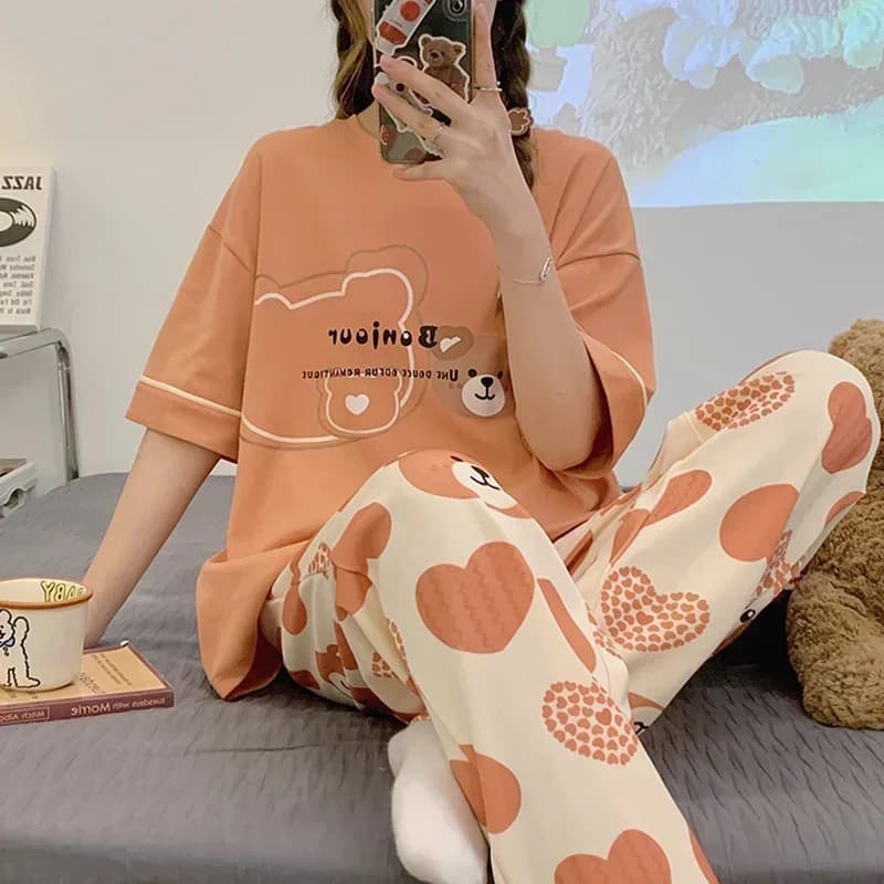 Pyjama d'été en coton doux pour femmes, vêtements de nuit à manches courtes, pantalon à carreaux, im