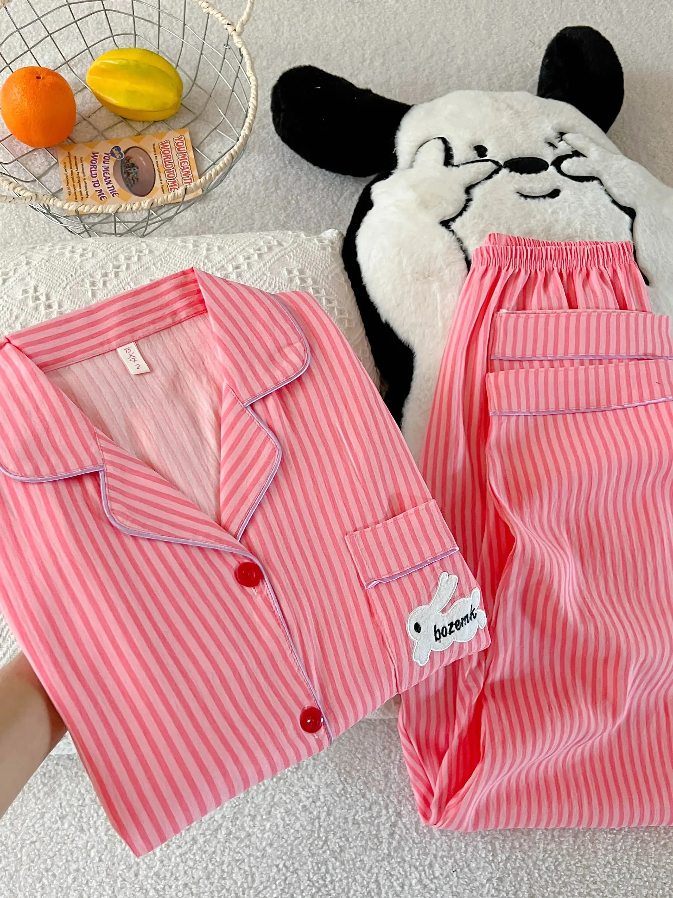 Ensemble pyjama lapin mignon Kawaii pour femmes, tissu doux, confortable, Plaid, vêtements de détent