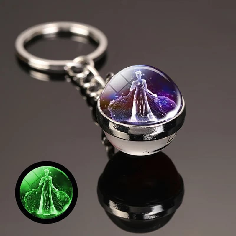 Porte-clés créatif 12 constellations, lueur nocturne, pendentif boule de verre Double face, signe du