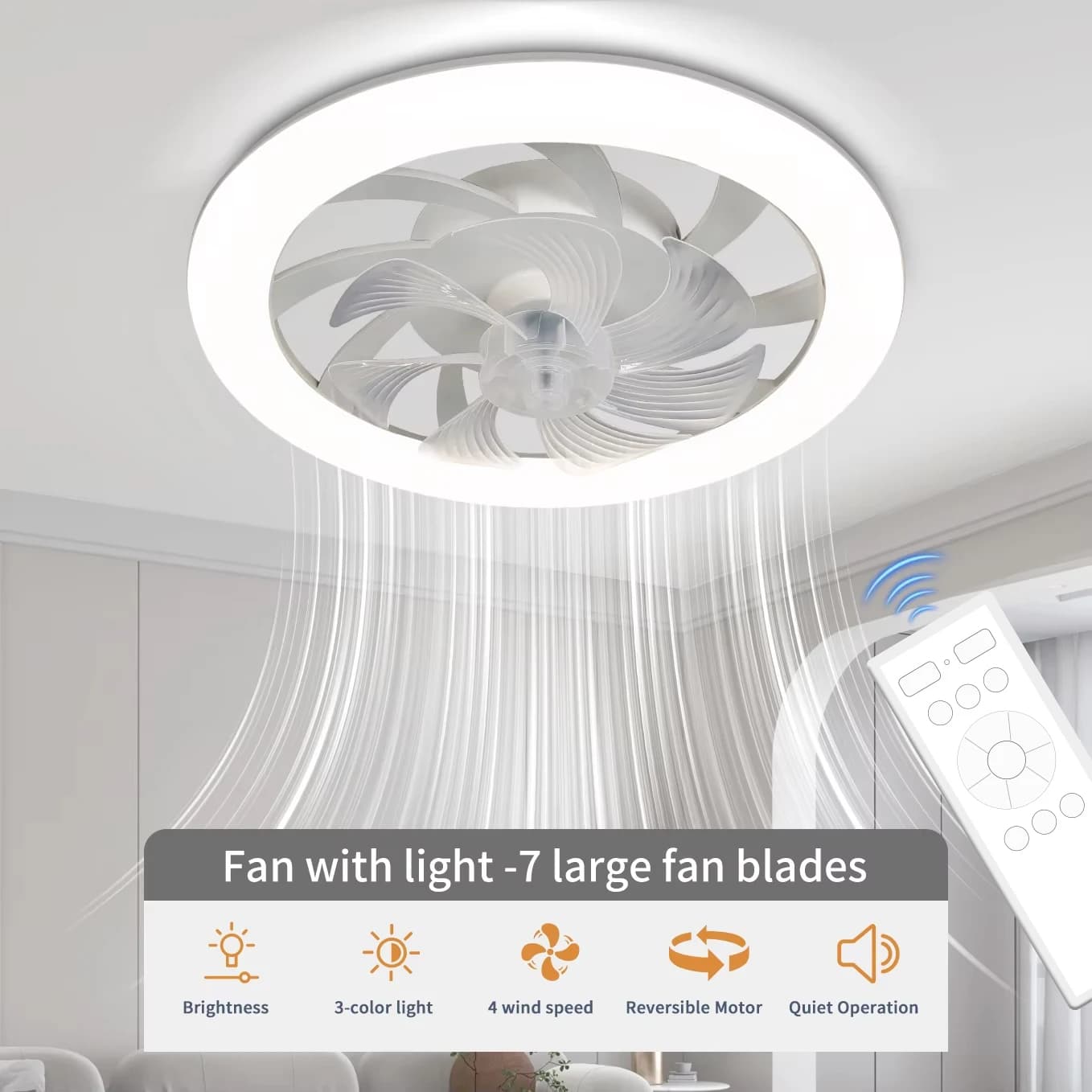 Plafonnier LED mince avec ventilateur de plafond de 48 cm, avec éclairage, faible bruit, suspension