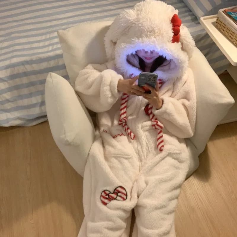 Pyjama une pièce en forme de lapin avec nœud doux et mignon pour femme, vêtement de nuit d'hiver en