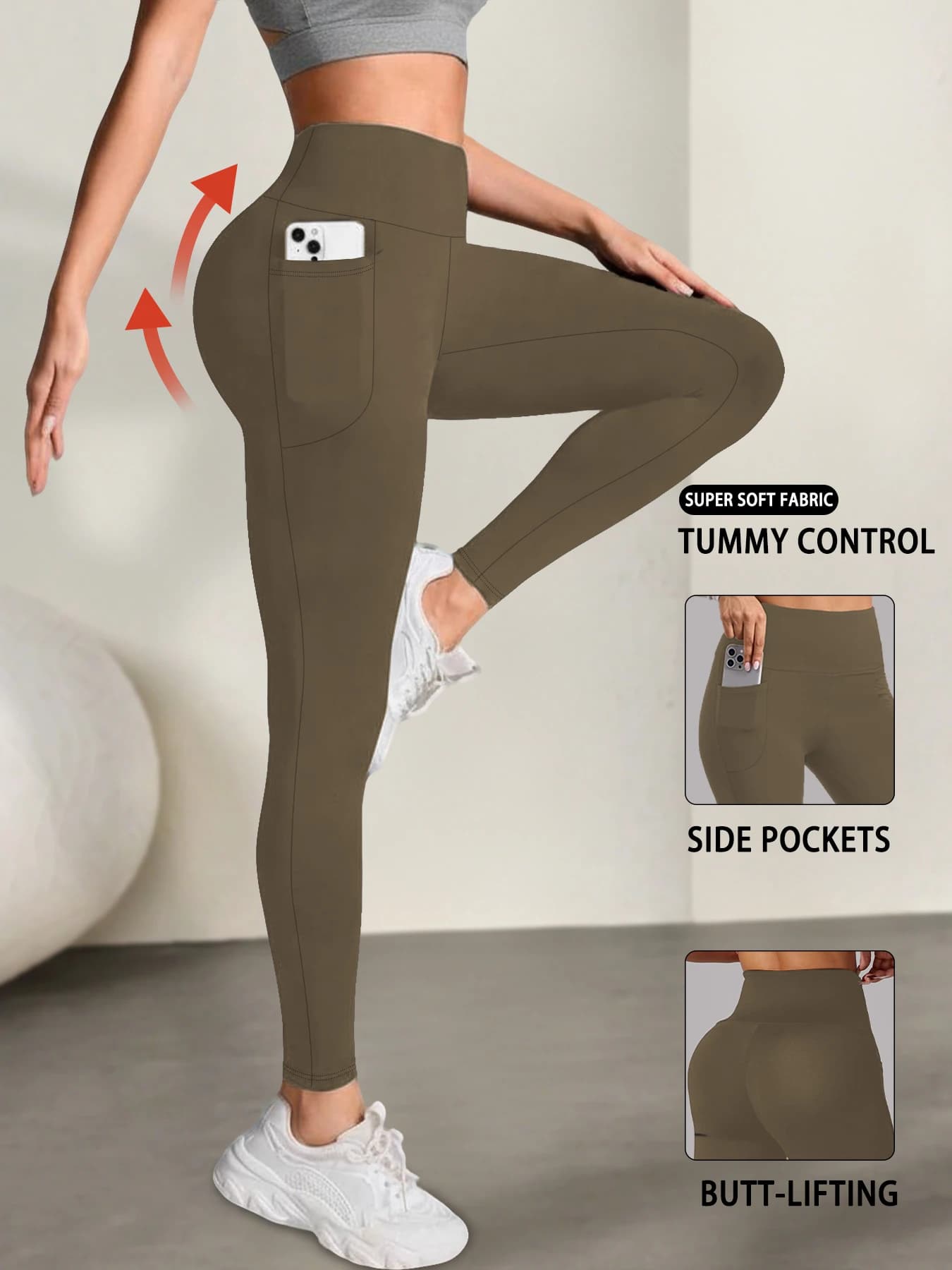 Leggings super doux avec poches pour femmes, contrôle du ventre taille haute pour l'entraînement de