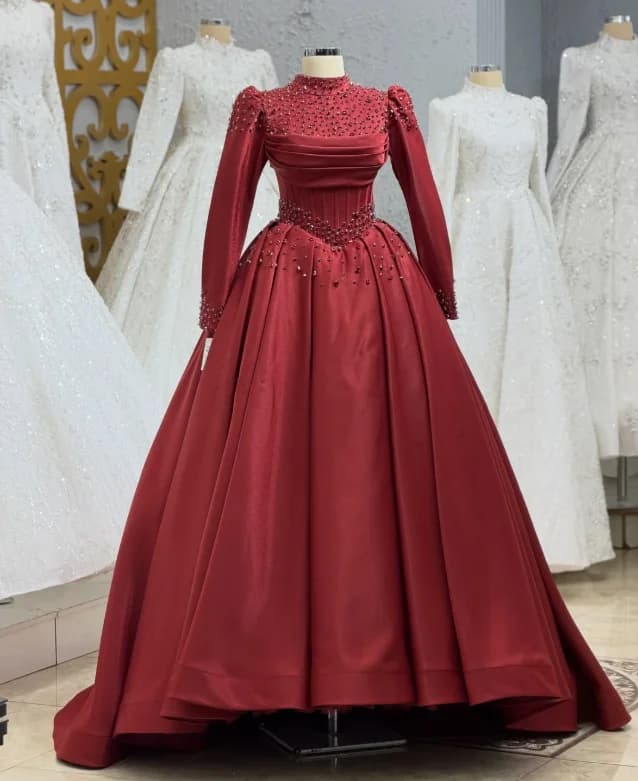 Robe de soirée arabe luxueuse bordeaux, ornée, à manches longues, robe de mariée musulmane, robe de