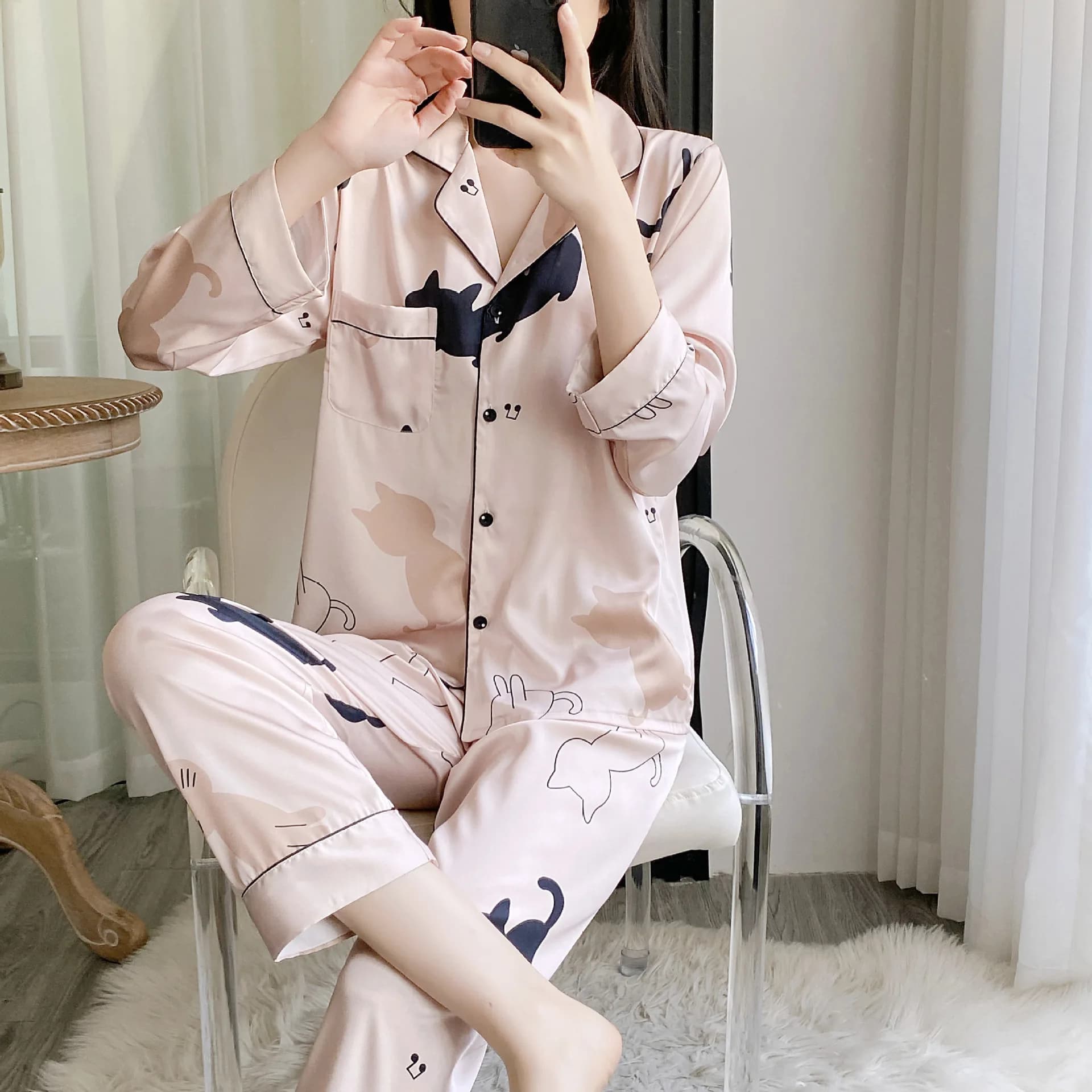 2025 printemps automne rose fille femmes glace soie deux pièces ensemble pyjamas dessin animé chat à