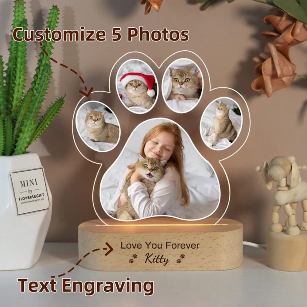 Veilleuse personnalisée avec photo d'animal de compagnie, base en bois, lumière douce LED, cadeau co