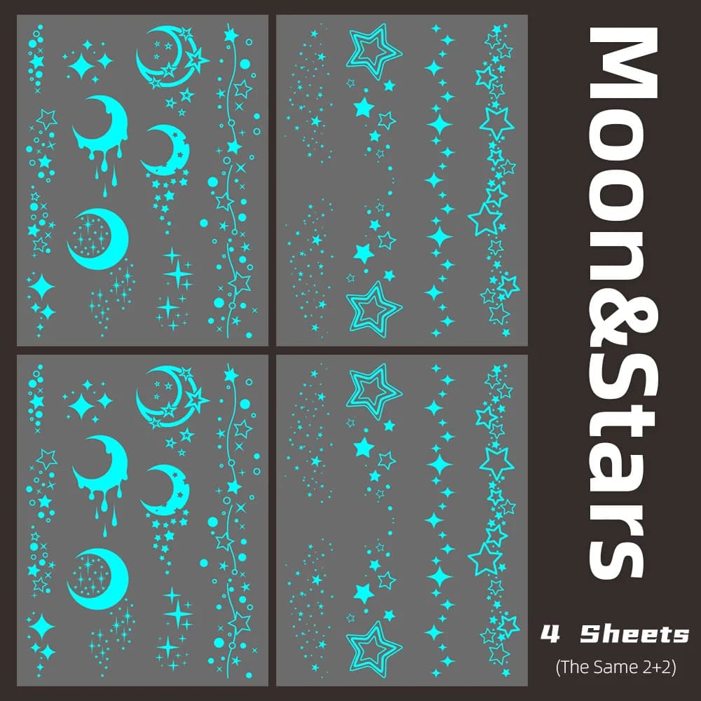 Tatouages lumineux bleus lune et étoiles, 4 feuilles, fournitures de décoration pour cadeaux de mari