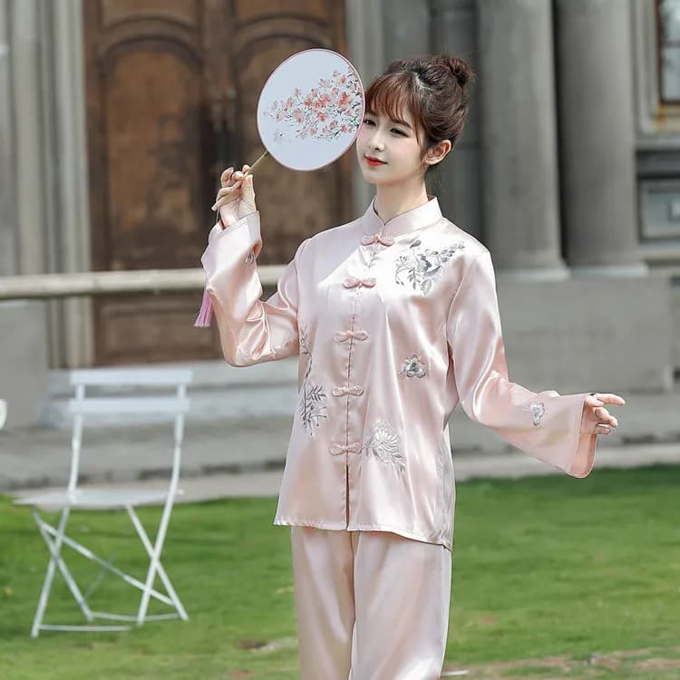 Pritning fleur chinois pyjamas ensemble de sommeil chemise pantalon col montant vêtements de nuit 2