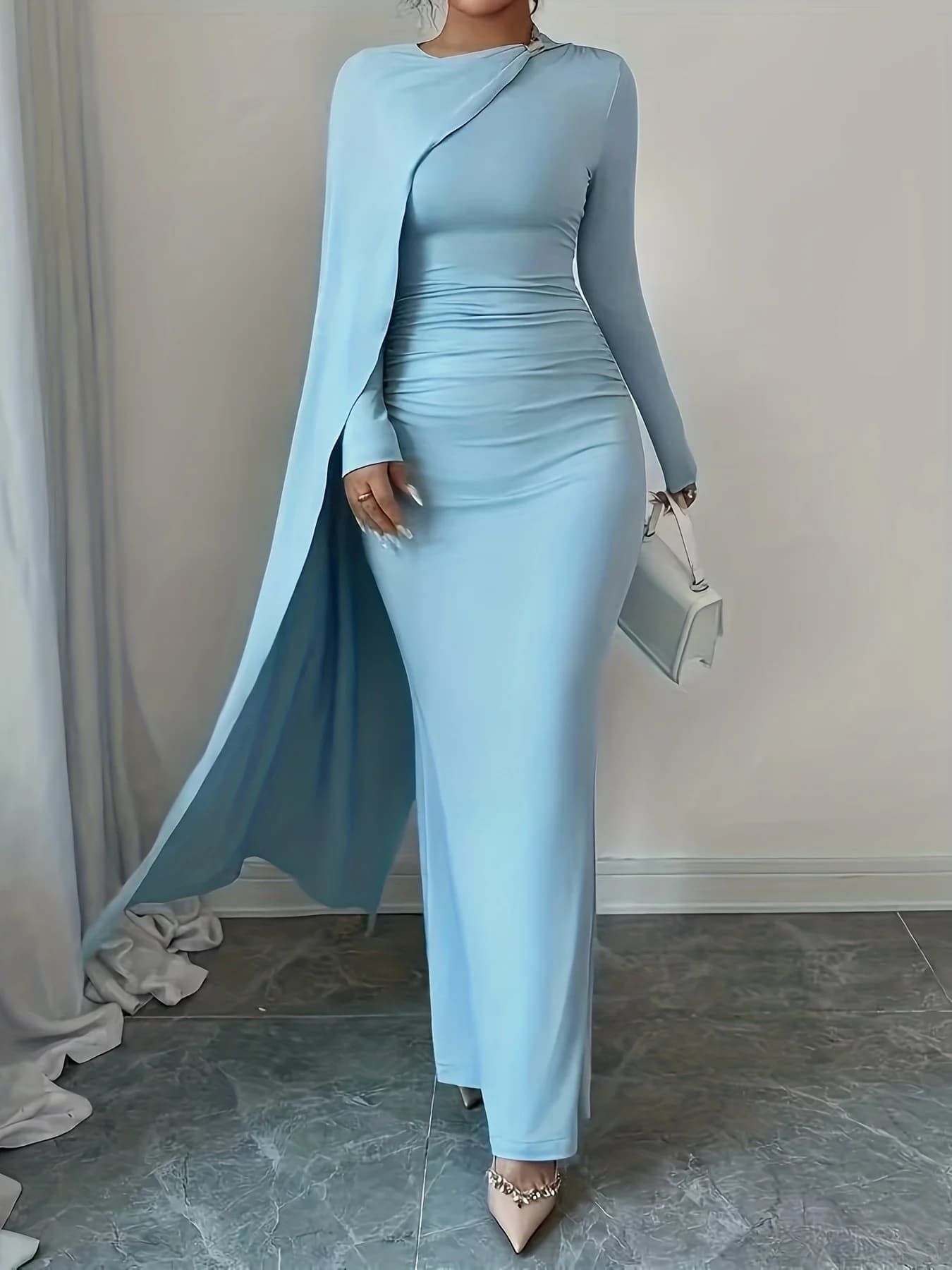 Robe moulante asymétrique asymétrique épaule dénudée, taille haute, élégante, manches longues, adapt
