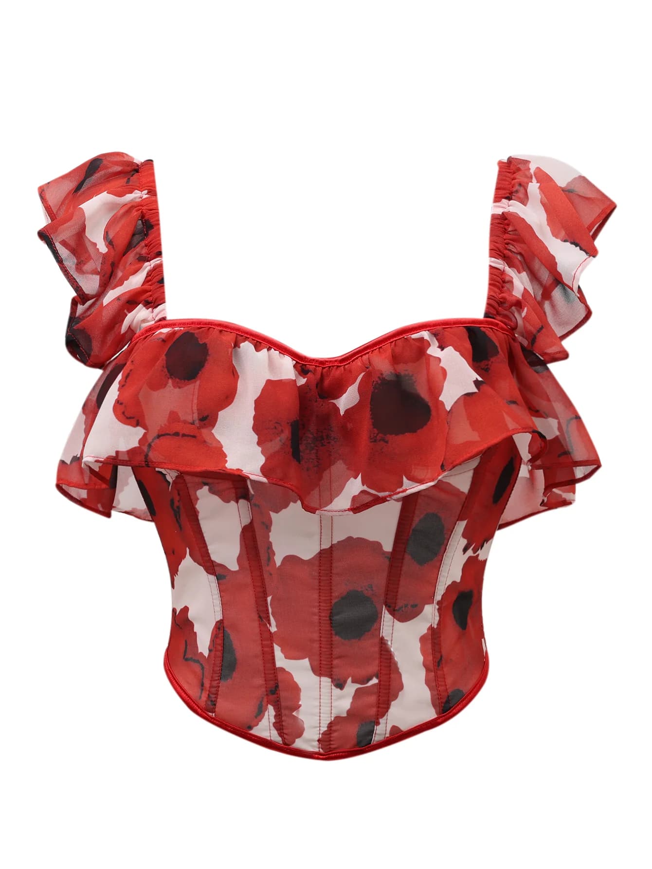 Corset floral rouge pour femme, décolleté cœur, manches à volants, dos lacé, style bustier gothique