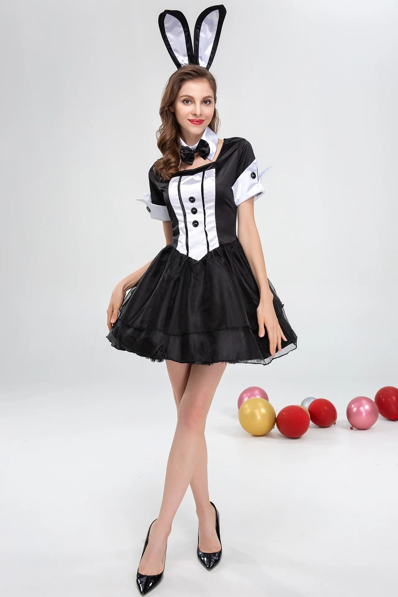Costume de cosplay de lapine noire et blanche pour femme 2026 – Tenue de performance pour soirée, bo
