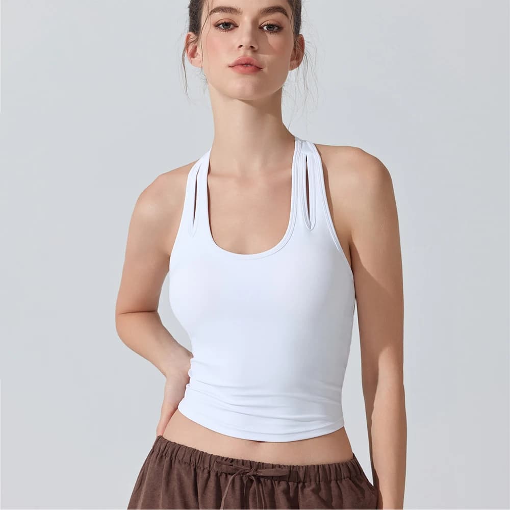 Débardeur de sport antibactérien pour femmes, sensation nue, coussinets amovibles, col en U, dos nag