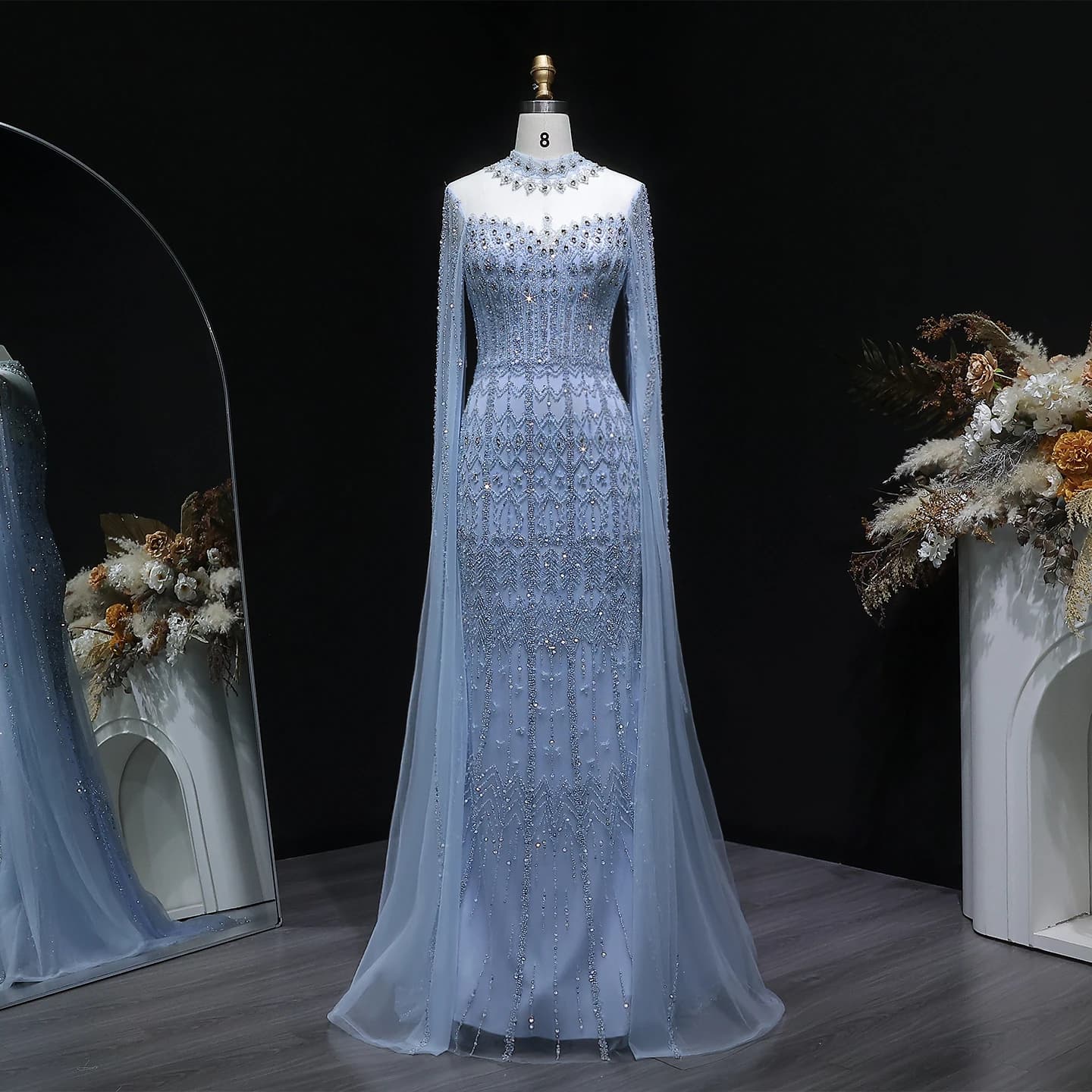 Robe de soirée longue sirène élégante Sharon Said avec col montant et manches cape, robes de fête po