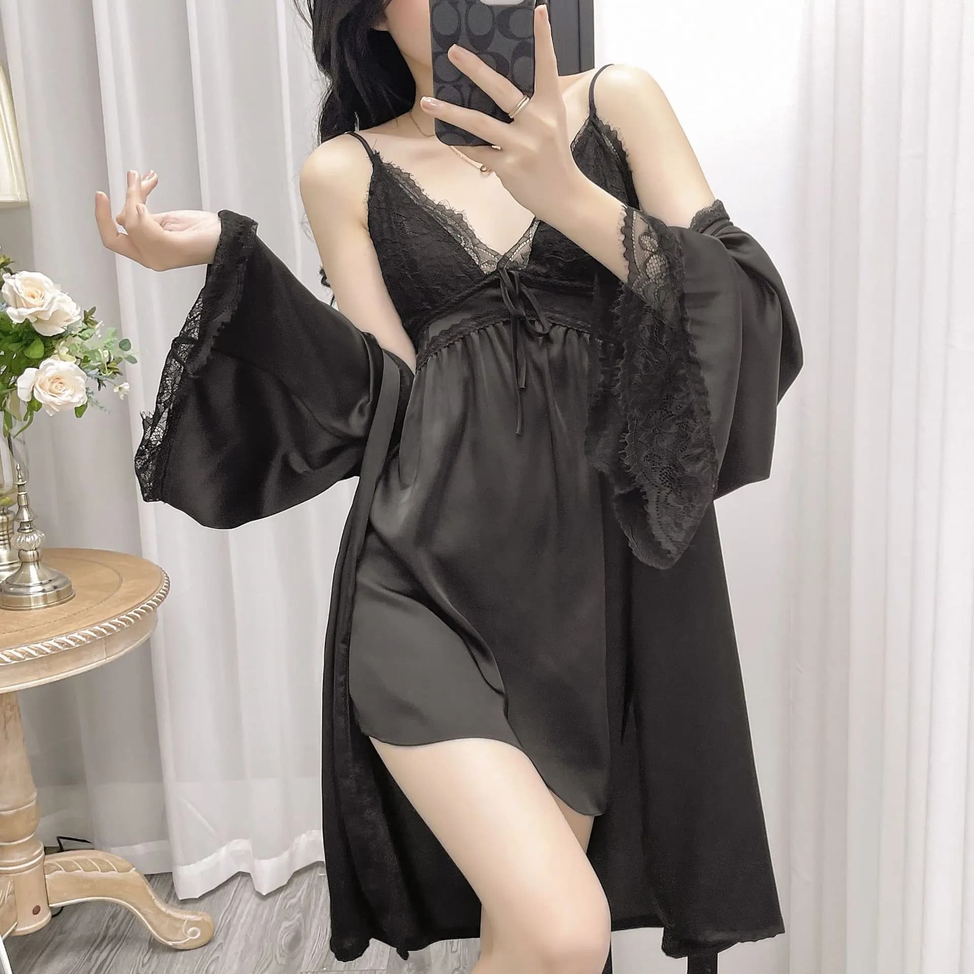 Nouveau Sexy 2 pièces Robe ensemble femmes chemise de nuit col en v dentelle Kimono Robe Homewear da