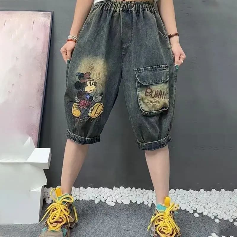 Jupe-culotte en Denim brodée avec poche pour femmes, ample, grande taille, jambe droite, cordon de s