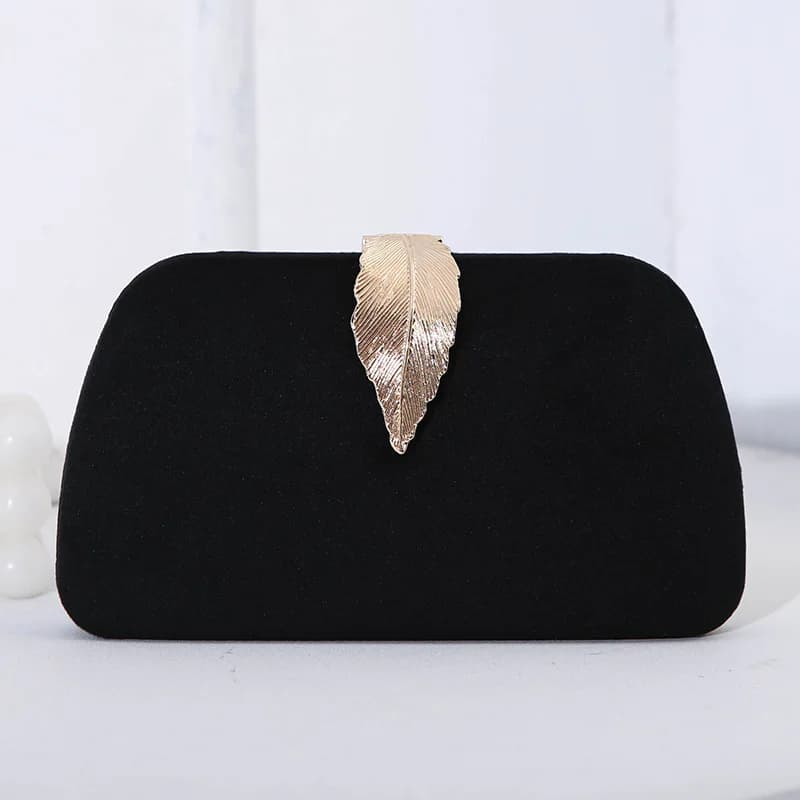 Pochette de soirée élégante en velours avec détail feuille métallique, sac à main pour mariage, fête