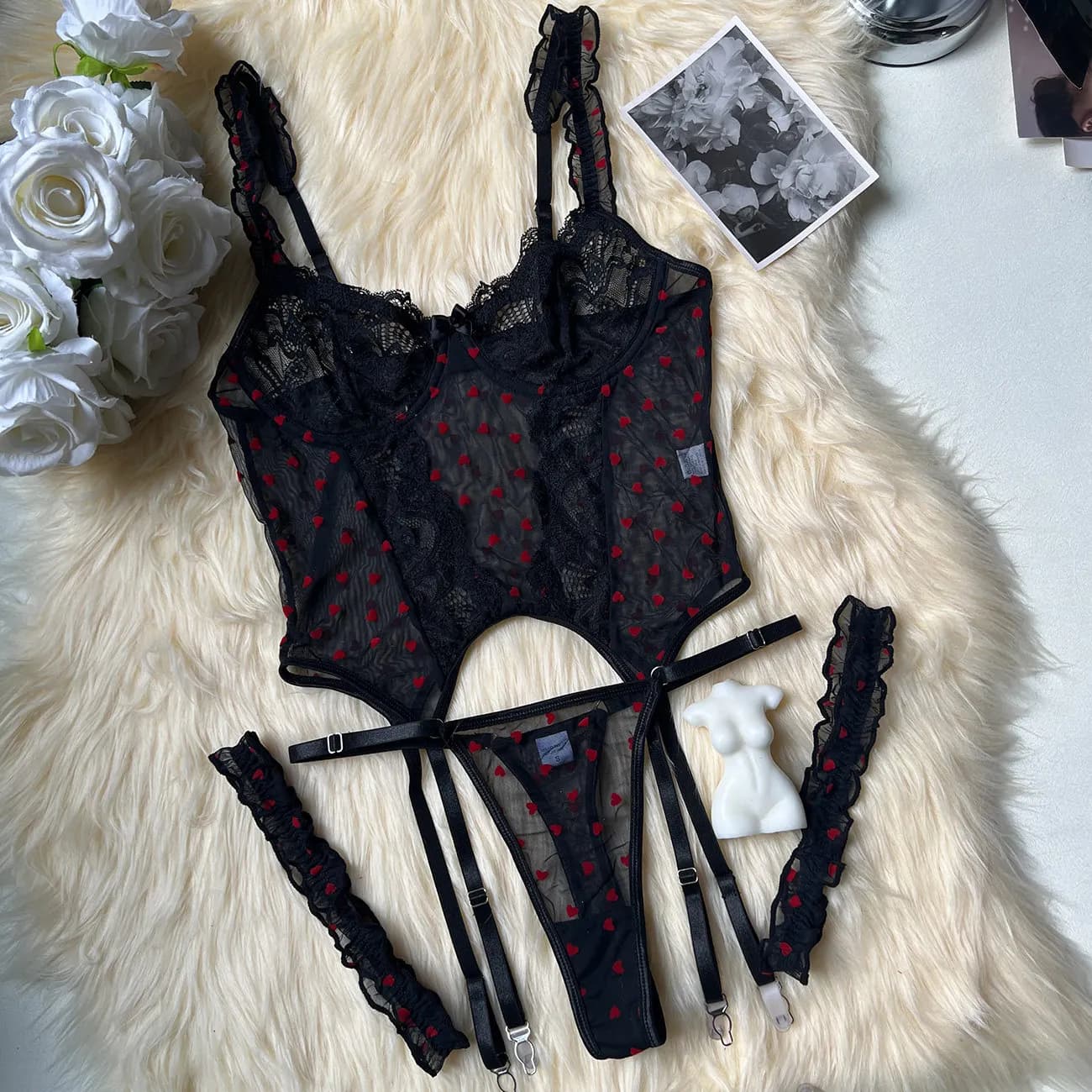 Ensemble soutien-gorge et porte-jarretelles pour femmes, Lingerie Sexy, Bustier en dentelle, culotte