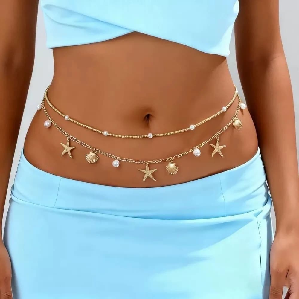 Lot de 2 chaînes de corps en alliage doré avec perles d'imitation et étoiles de mer, bijoux bohèmes
