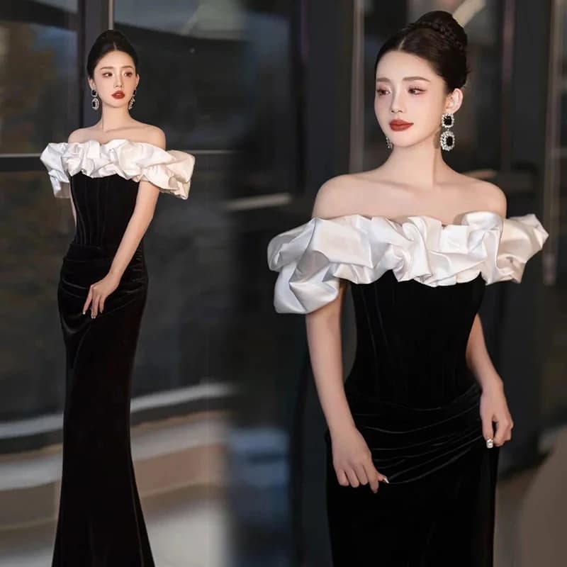 Robe d'hôte élégante en velours noir, asymétrique épaule dénudée, tempérament Noble, pour fête d'ann