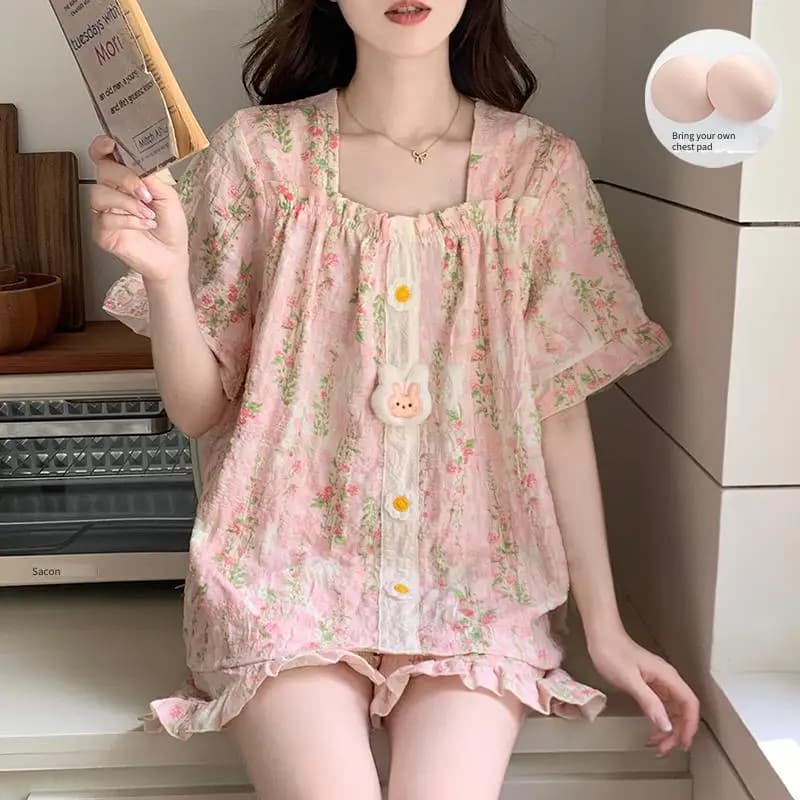 Pyjama Kawaii à imprimé floral pour femmes, 2 pièces avec coussinet de poitrine, col carré, manches