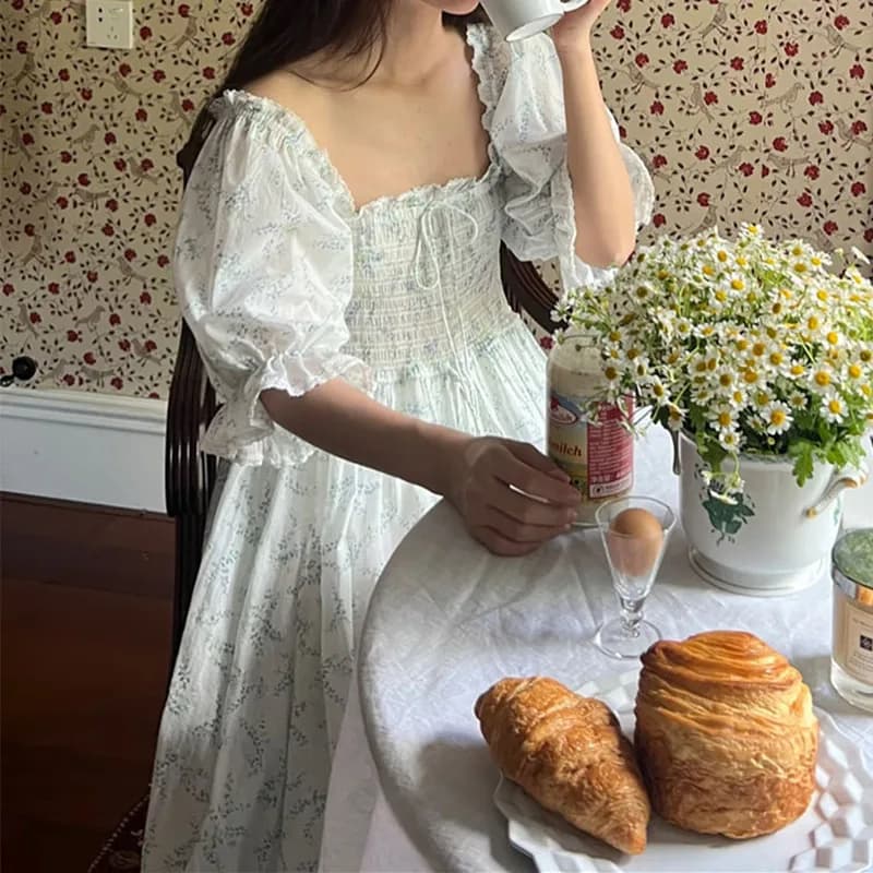 Chemise de nuit d'été à manches courtes, imprimé doux, col carré français, princesse Victoria, 100%