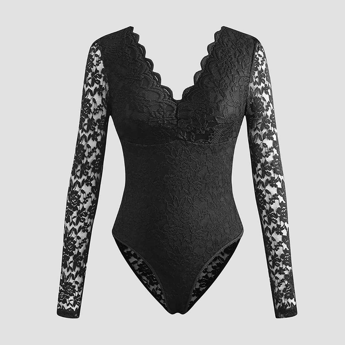 Body en dentelle sexy pour femme, body transparent en maille à manches longues et col en V, body gai