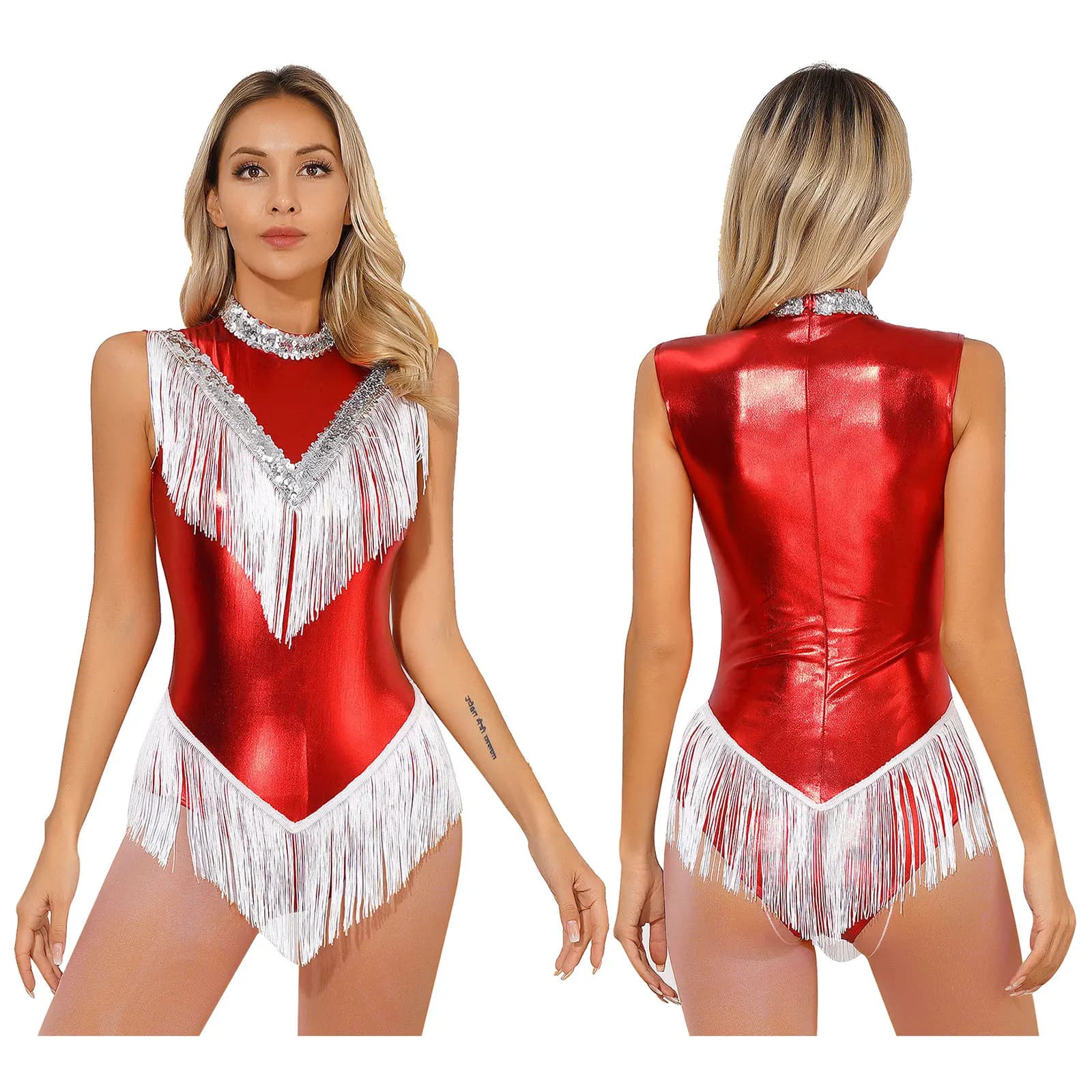 Justaucorps de danse latine scintillant pour femmes avec glands et paillettes, body de danse de gymn