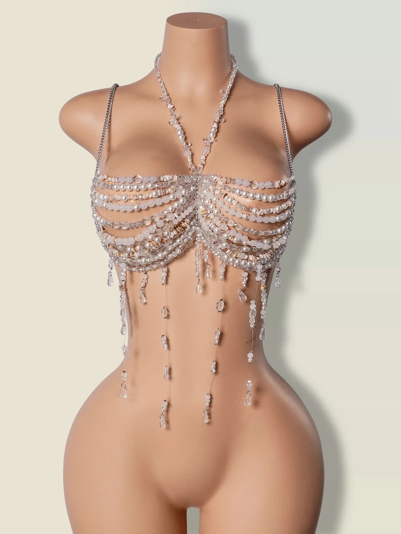 Soutien-gorge en cristal fait à la main, col licou, perles transparentes, franges superposées, harna