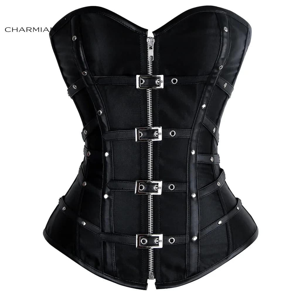 Corset en cuir steampunk Charmian pour femme, sexy, gothique, avec rivets, boucles et fermeture écla