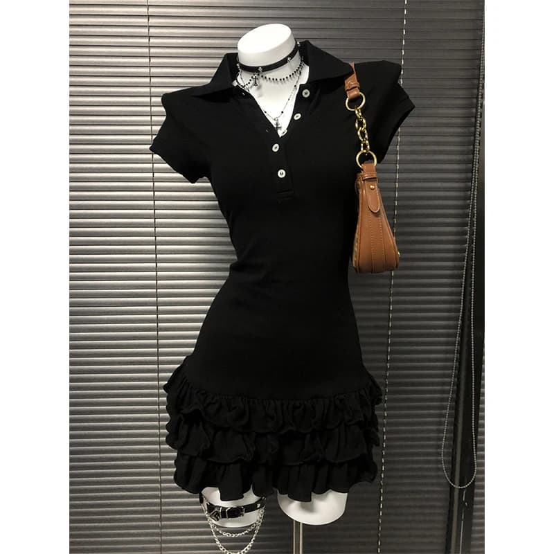MEXZT Y2K noir Mini robe femmes Harajuku gothique volants une pièce robes été Preppy coréen à manche