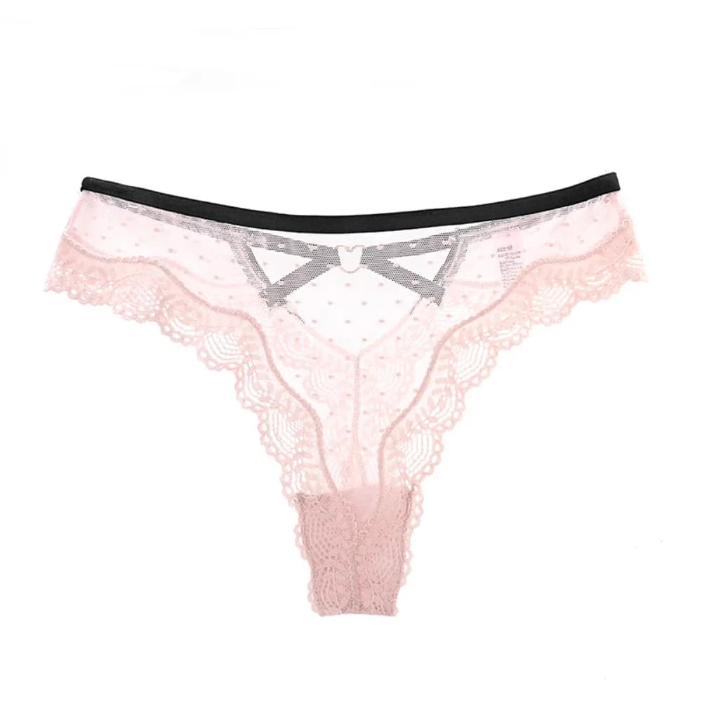 Culotte string taille basse en dentelle ajourée pour femme, motif à pois, en maille transparente