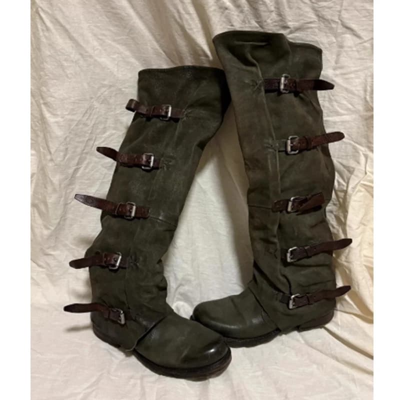 Bottes hautes décontractées vertes à multiples boucles et talons bas pour femme, style western cowbo