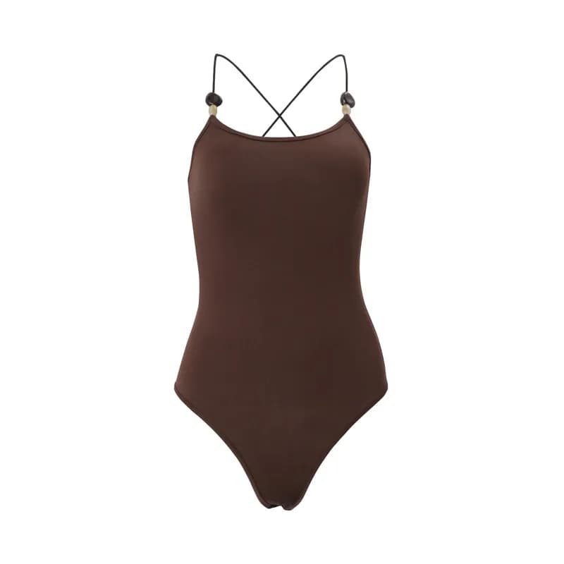 Shestyle Body marron à fines bretelles pour femme, sans manches, uni, coupe ajustée, style basique,