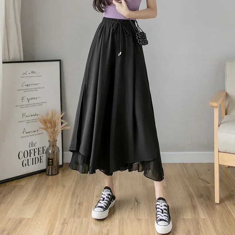 Pantalon plissé élastique pour femme, jambe large, ourlet irrégulier, double couche, FJD coréen, été