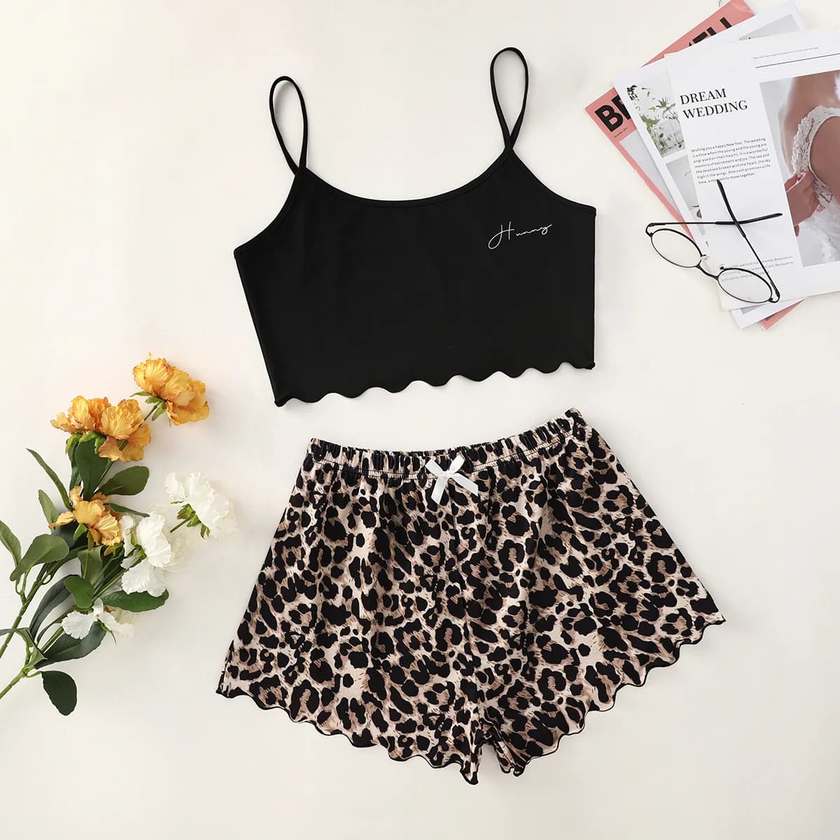 Ensemble pyjama pour femmes, Lingerie Sexy, imprimé léopard, écharpe, vêtements de nuit, col en v, h