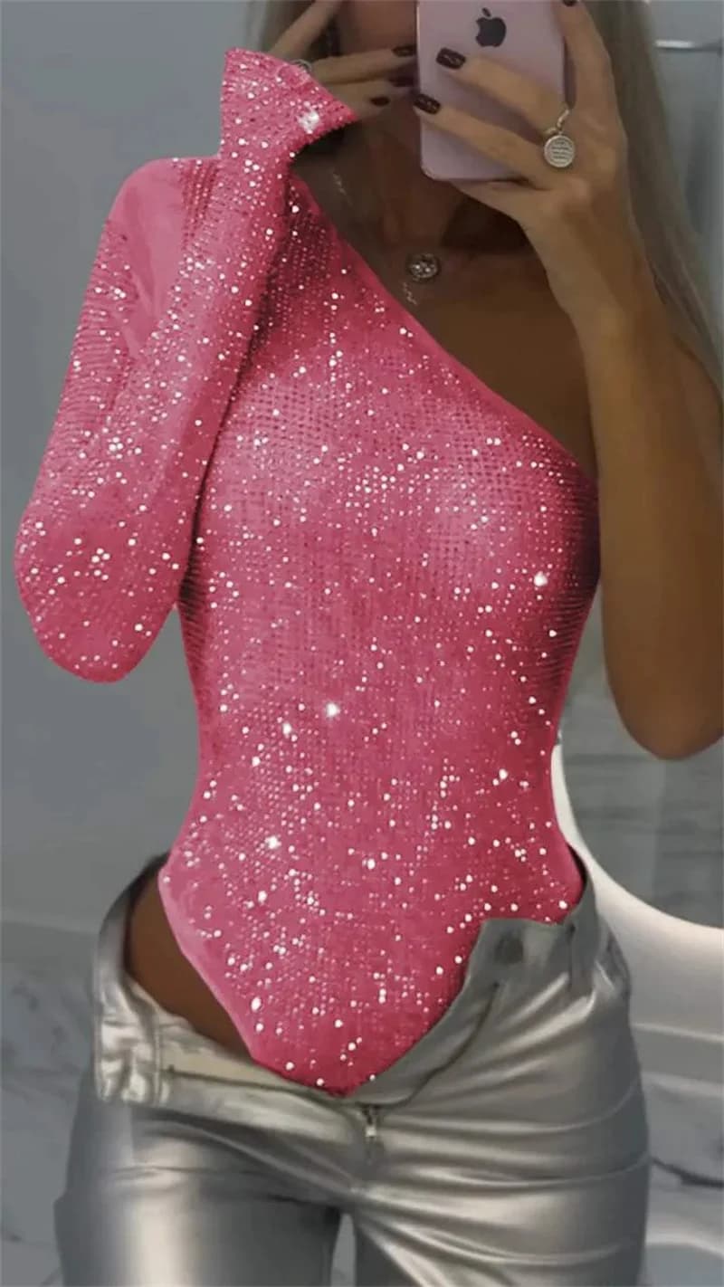 Mode paillettes fille chaude body femmes Sexy une épaule serré strass coupe ajustée Chic body dame C