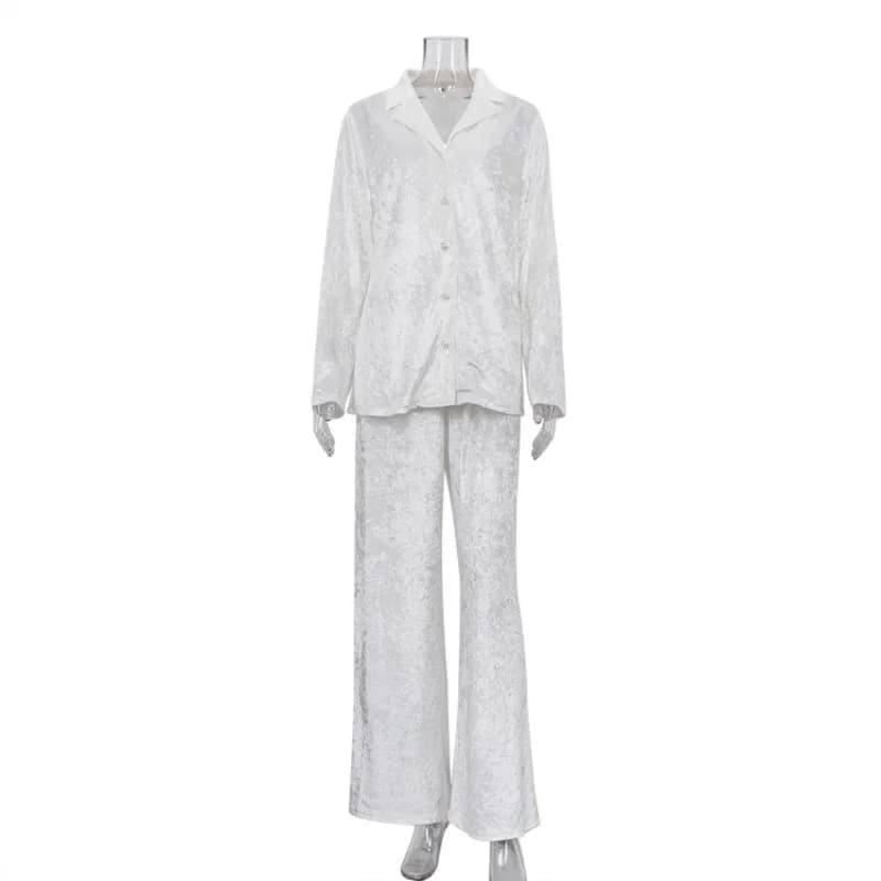 Pyjama de luxe pour femmes, ensemble deux pièces élégant, manches longues, chemise à revers, pantalo