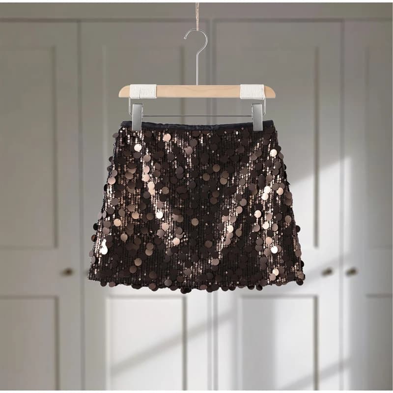 Mini-jupe sirène chic taille haute évasée à sequins irisés style Y2K pour femme, collection été 2026