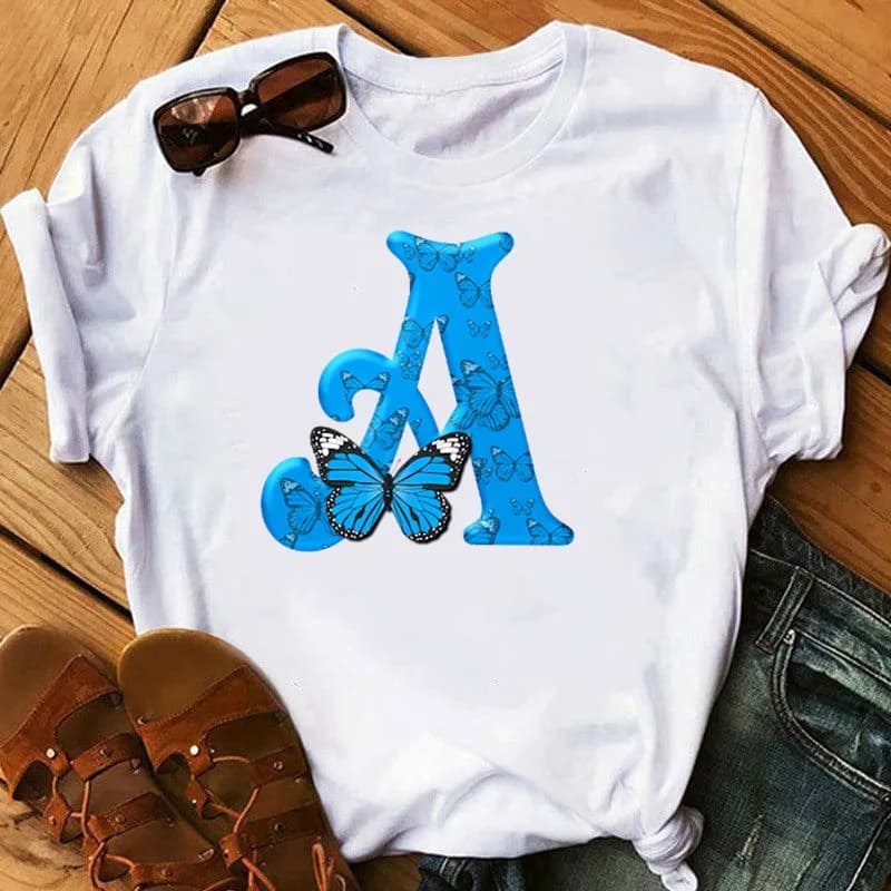 26 lettres anglaises papillon imprimé T-shirt à manches courtes femmes surdimensionné T-shirt hauts