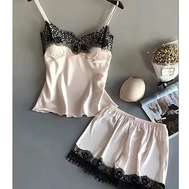 Nouvel ensemble de pyjama sexy pour femme en satin extensible, col en V, style babydoll avec dentell