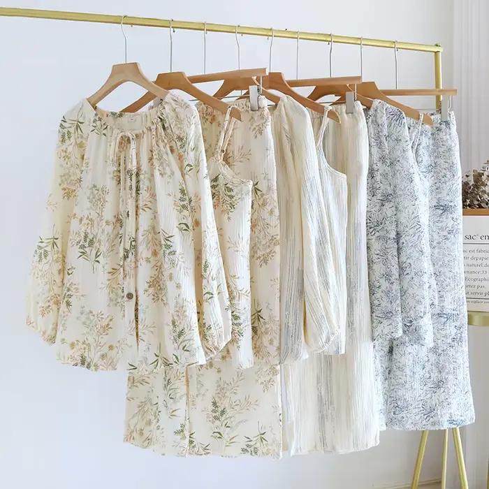 Pyjama d'été fin sans manches pour femmes, 3 pièces, vêtements de nuit floraux, ensemble de vêtements de nuit en coton, nouvelle collection 2024